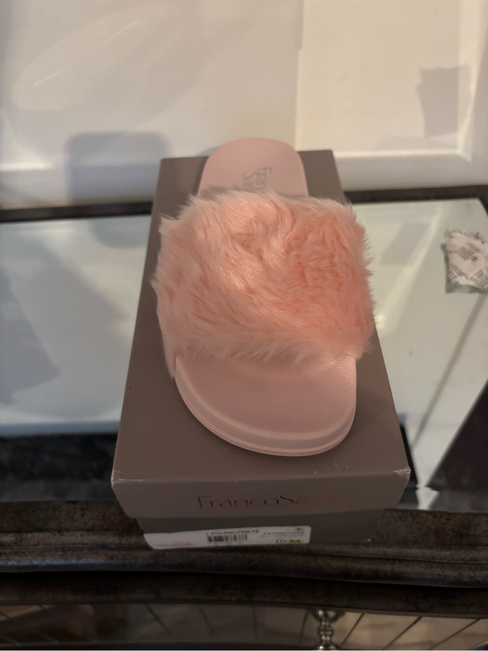 Franco Sarto L-Poland, Pink Faux-Fur Slide Sandals